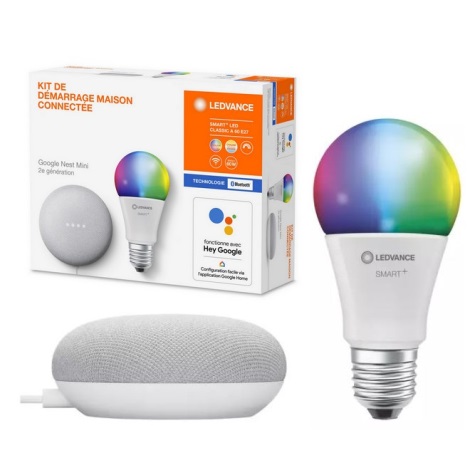 Ledvance - Inteligentny głośnik Google Nest Mini + LED RGBW Ściemniana żarówka SMART+E27/10W/230V