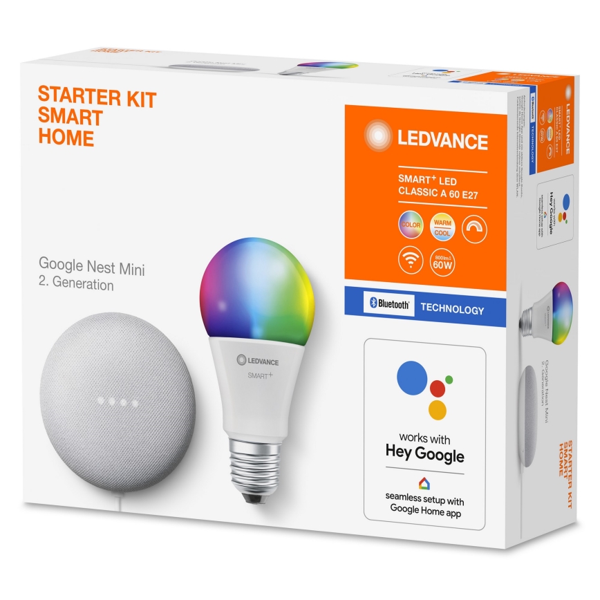 Ledvance - Inteligentny głośnik Google Nest Mini + Ściemniana żarówka LED RGBW SMART+ A60 E27/10W/230V 2000 - 6500K