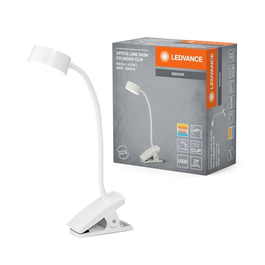 Ledvance - Dotykowa, ściemniana lampka biurkowa z klipsem CYLINDER LED/4,8W/5V 3000-6500K biała