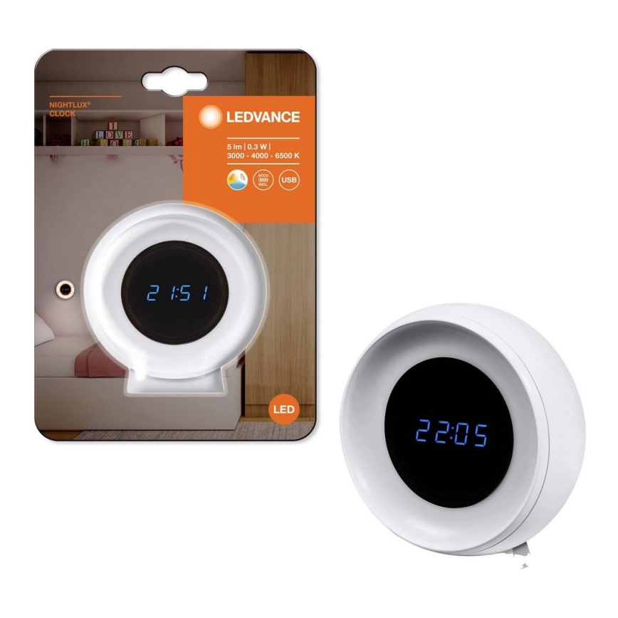 Ledvance - LED Cyfrowy zegar z podświeceniem NIGHTLUX LED/0,3W/5V 1000mAh 3000/4000/6500K