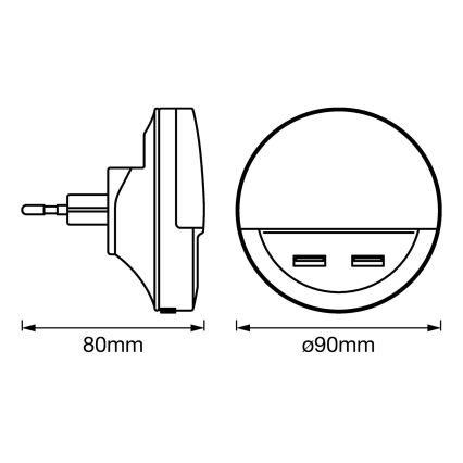 Ledvance - LED Lampka nocna do gniazdka z czujnikiem LUNETTA 2xUSB LED/13W/230V