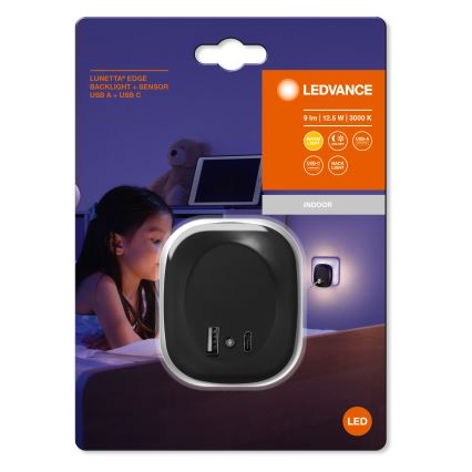 Ledvance - LED Oświetlenie nocne z czujnikiem do kontaktu i USB LUNETTA LED/12,5W/230V 3000K czarne