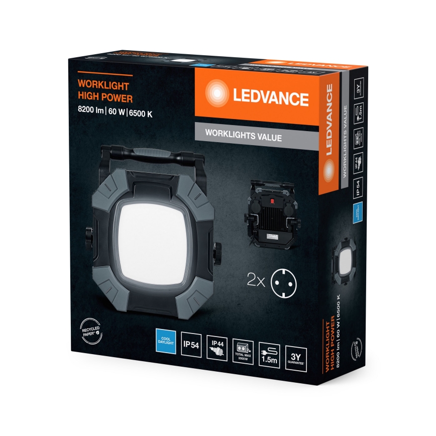 Ledvance - LED ściemnialna robocza lampa z 2 gniazdami WORKLIGHT VALUE LED/60W/230V IP54