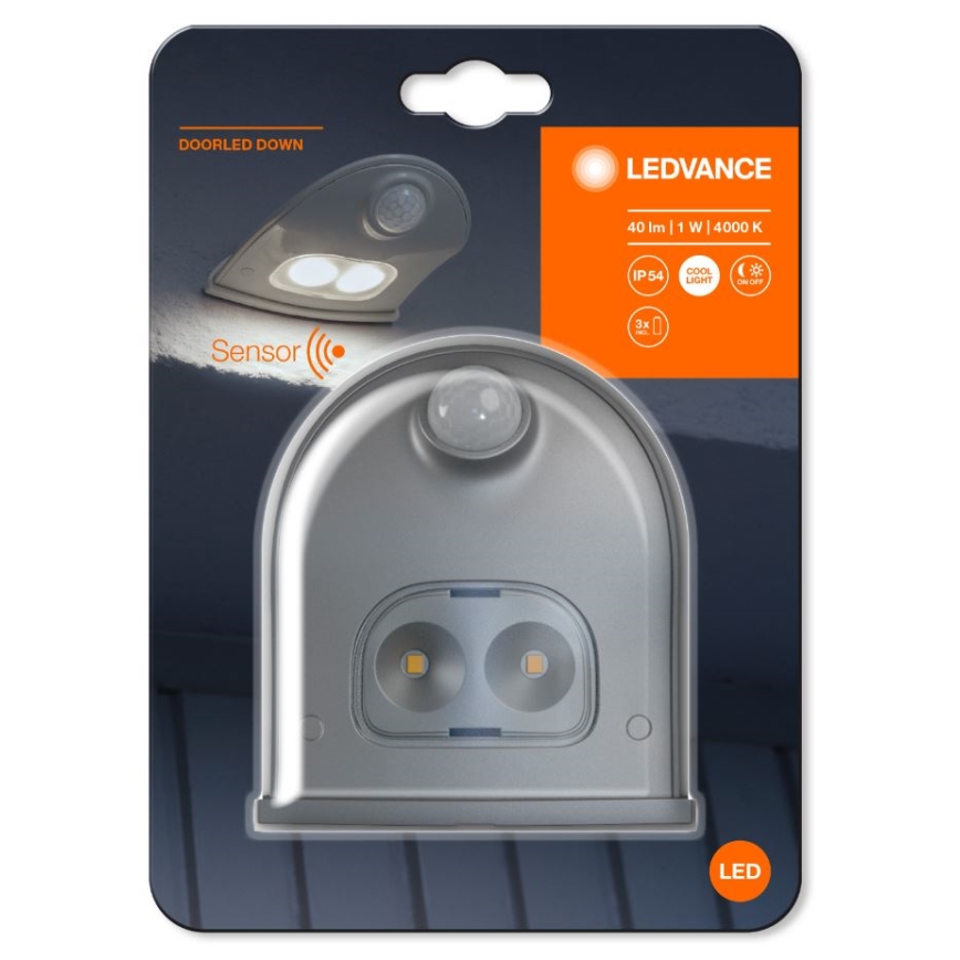 Ledvance - LED zewnętrzna lampa ścienna z czujnikiem DOORLED LED/1W/3xAA IP54