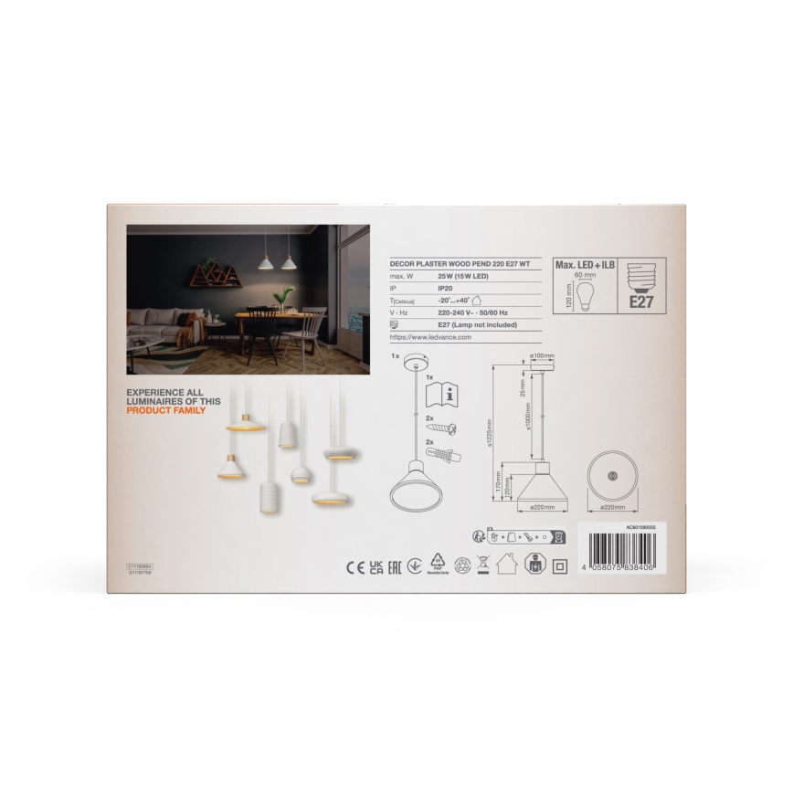 Ledvance - Żyrandol na lince DECOR PLASTER 1xE27/25W/230V śr. 22 cm gips biały