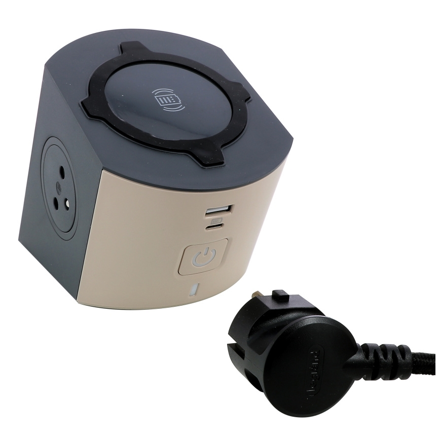 Legrand 049402 - Rozgałęźnik z wyłącznikiem 2Z Typ E + USB-A + USB-C i bezprzewodowym ładowaniem 10W 2m brązowy