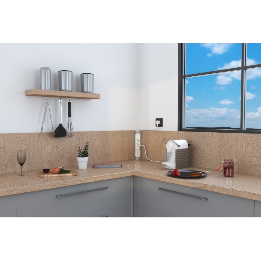 Legrand 049406 - Przedłużacz 3 gniazda Typ E z USB-A i USB-C, 1 m, srebrno-biały