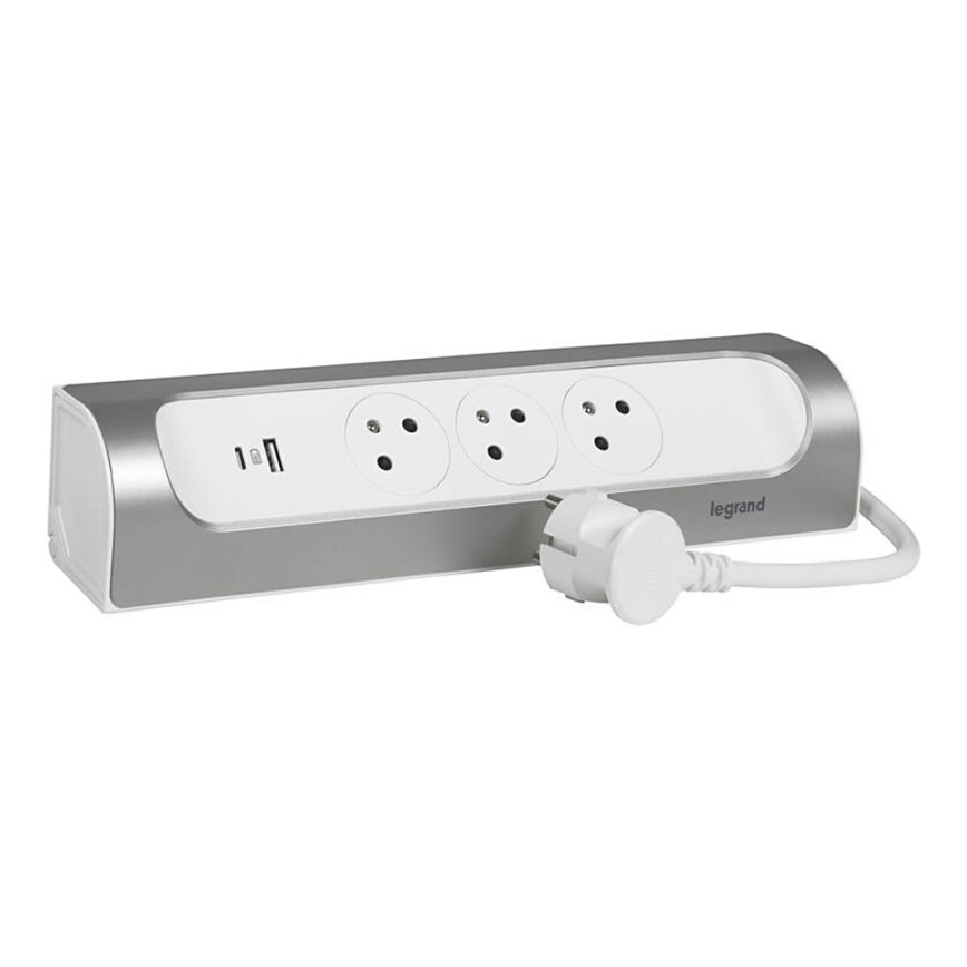 Legrand 049406 - Przedłużacz 3Z Typ E + USB-A + USB-C 1m srebrny/biały