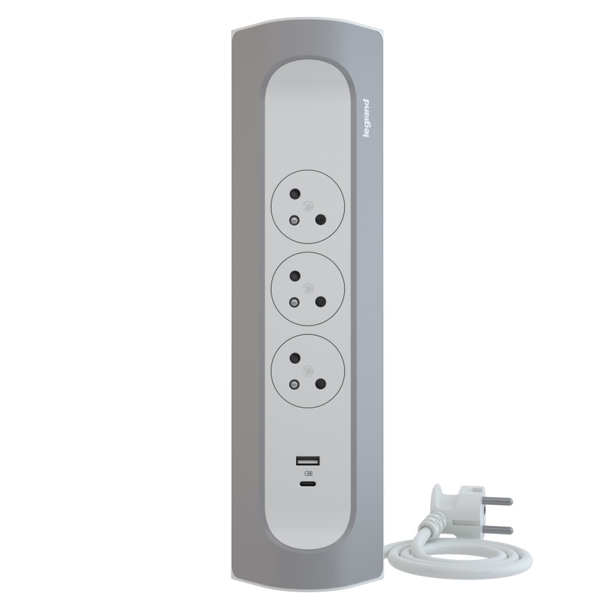 Legrand 049406 - Przedłużacz 3Z Typ E + USB-A + USB-C 1m srebrny/biały