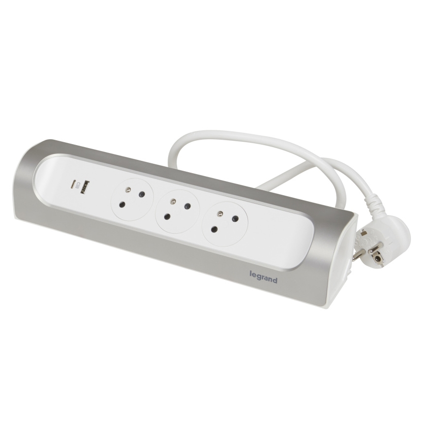Legrand 049406 - Przedłużacz 3Z Typ E + USB-A + USB-C 1m srebrny/biały