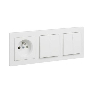 Legrand - 2x podwójny łącznik szeregowy nr 5 i gniazdko domowe z ramką SUNO 250V w kolorze białym