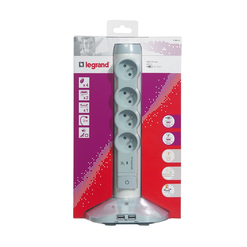 Legrand 50014 - Słupek zasilający 230V/16A, 4x2P+T + 3xUSB, 2M