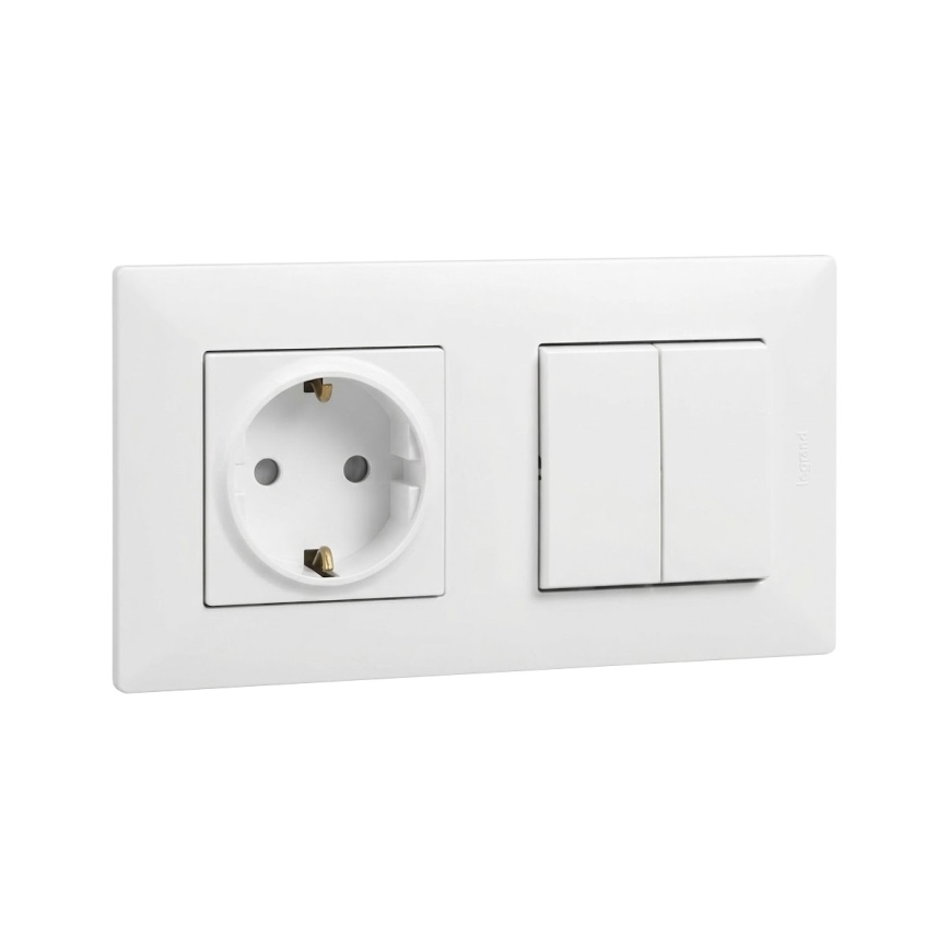 Legrand - Gniazdo domowe SCHUKO i podwójny łącznik szeregowy nr 5 z ramką NILOE STEP 250 V biały