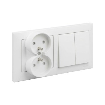 Legrand - Podwójne gniazdo domowe i podwójny łącznik szeregowy nr 5 z ramką SUNO 250V biały
