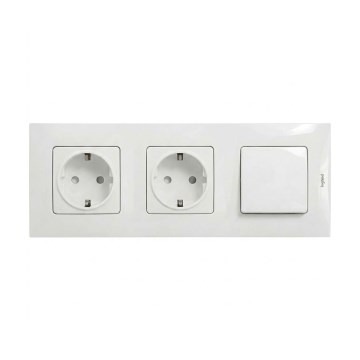 Legrand - Podwójne gniazdo domowe SCHUKO i jednobiegunowy włącznik nr 1 z ramką NILOE 250V biały