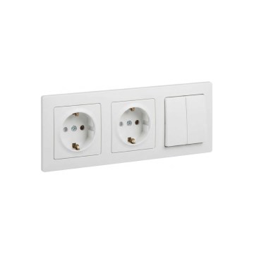 Legrand - Podwójne gniazdo domowe typu SCHUKO i podwójny łącznik szeregowy nr 5 z ramką SUNO 250V biały