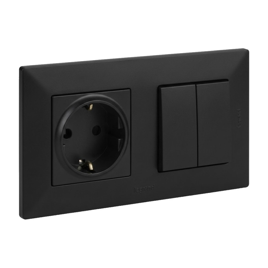 Legrand - Podwójny wyłącznik schodowy 6+6 i gniazdo domowe SCHUKO z ramką NILOE STEP 250V czarny