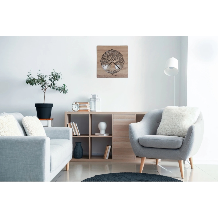 Li-Go 23537/DUB2 - LED ściemnialny zegar LED/10W/5V 20000 mAh 42x42 cm dąb/oliwka w kole + pilot zdalnego sterowania