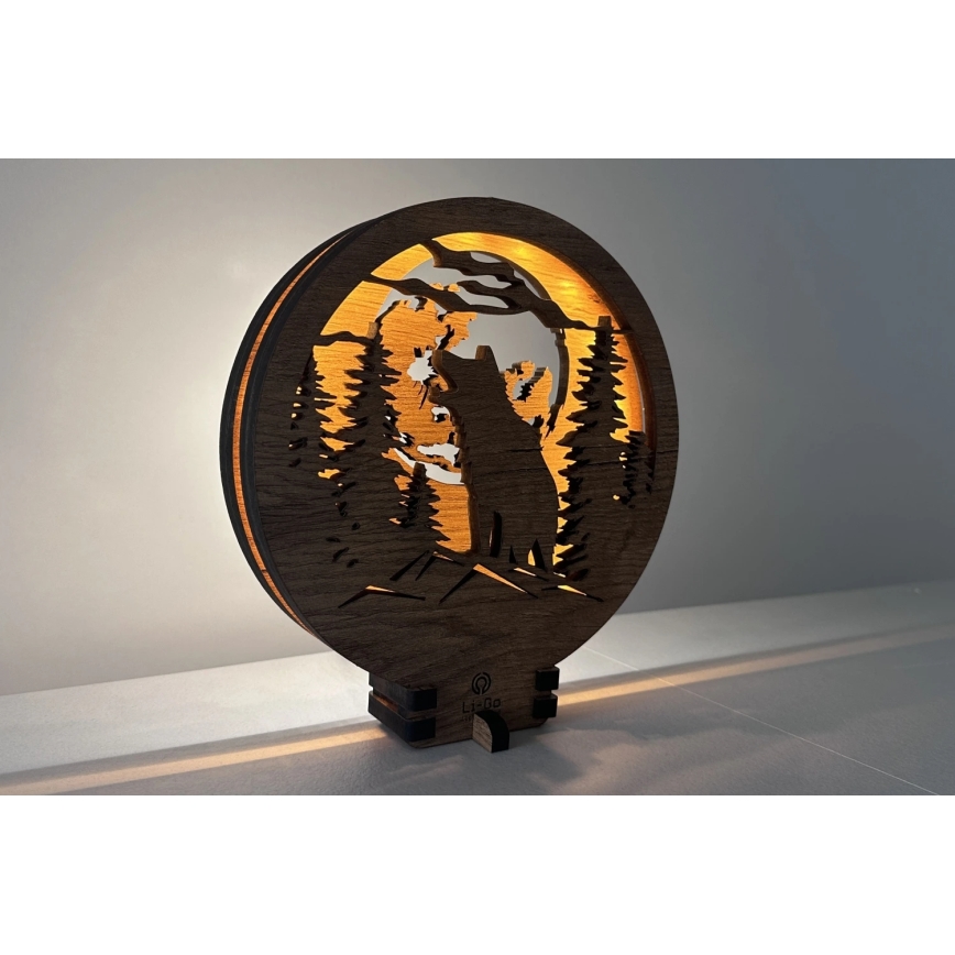 Li-Go 23574/DUB2 - ściemnialna dekoracja stołowa LED/12W/230V 20x22 cm dąb/Wilk i księżyc