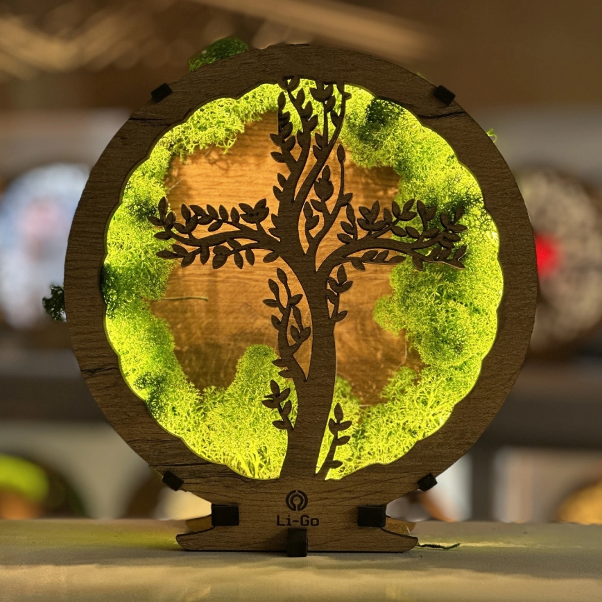 Li-Go 23622/DUB2 - Ściemnialna dekoracja stołowa LED/12W/230V 20x22 cm dąb/Krzyż w mchu