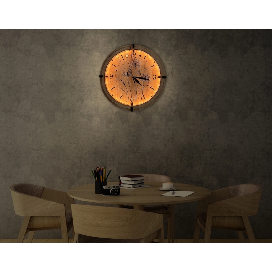 Li-Go 23688/DUB2 - ściemnialny zegar LED z czujnikiem ruchu, LED/5V 20000 mAh + 1xAA, średnica 32 cm, dąb/Dmuchawiec