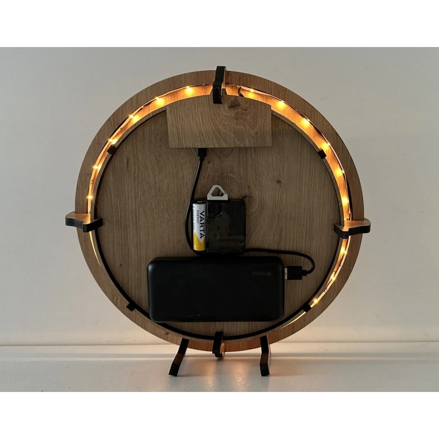 Li-Go 23688/DUB2 - ściemnialny zegar LED z czujnikiem ruchu, LED/5V 20000 mAh + 1xAA, średnica 32 cm, dąb/Dmuchawiec