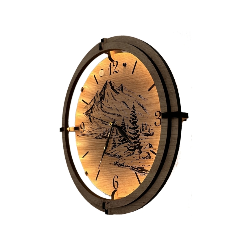 Li-Go 23697/DUB/BAT2 - Ściemnialny zegar LED z czujnikiem ruchu LED/10W/5V 20000 mAh + 1xAA śr. 32 cm dąb/Hory