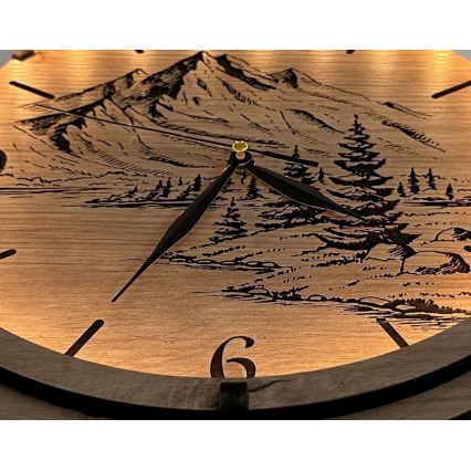 Li-Go 23697/DUB/BAT2 - Ściemnialny zegar LED z czujnikiem ruchu LED/10W/5V 20000 mAh + 1xAA śr. 32 cm dąb/Hory