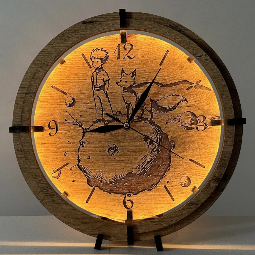 Li-Go 23712/DUB/BAT2 - LED ściemnialny zegar z czujnikiem ruchu LED/10W/5V 20000 mAh + 1xAA średnica 32 cm dąb/Mały Książę