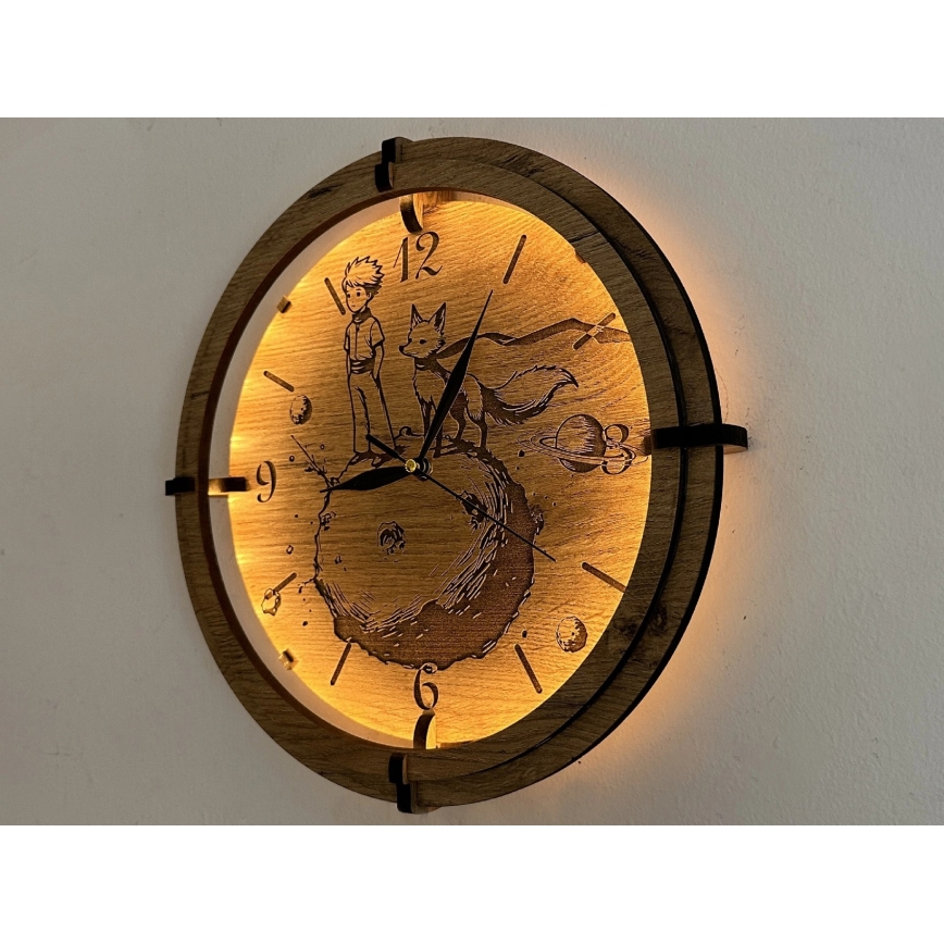 Li-Go 23712/DUB/BAT2 - LED ściemnialny zegar z czujnikiem ruchu LED/10W/5V 20000 mAh + 1xAA średnica 32 cm dąb/Mały Książę