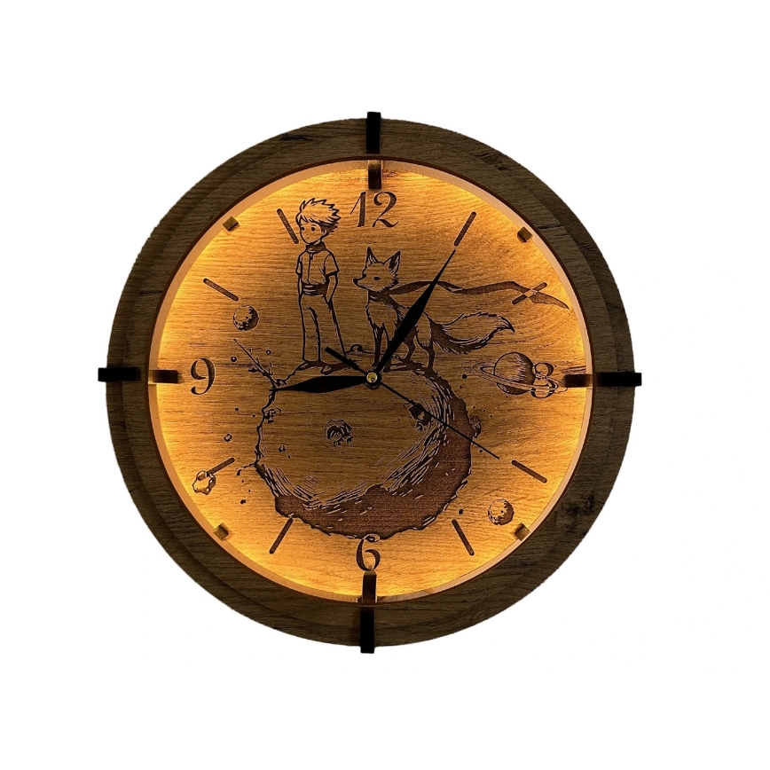 Li-Go 23712/DUB/BAT2 - LED ściemnialny zegar z czujnikiem ruchu LED/10W/5V 20000 mAh + 1xAA średnica 32 cm dąb/Mały Książę