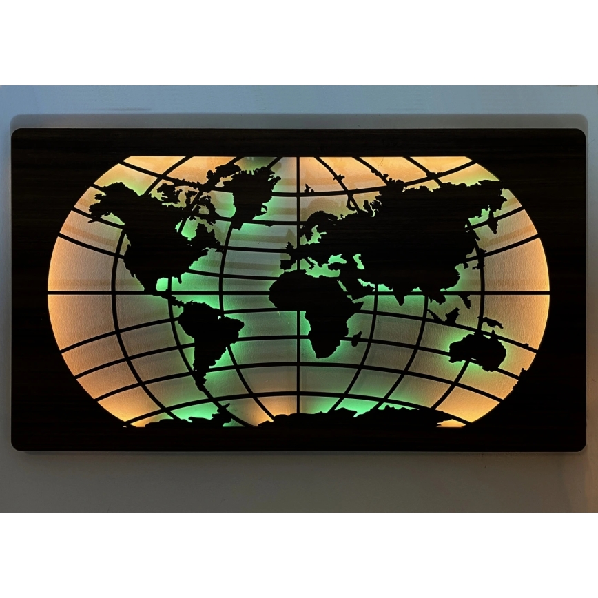 Li-Go 4709/DUB2 - LED RGBW ściemnialna dekoracja ścienna LED/24W/230V 125x74 cm dąb/Mapa świata z równoleżnikami + zdalne sterowanie