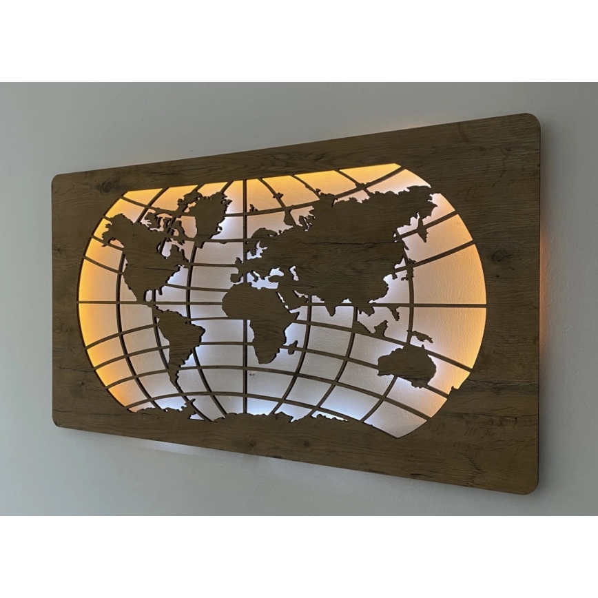 Li-Go 4868/DUB2 - LED Ściemnialna dekoracja ścienna LED/24W/230V 110x60 cm dąb/Mapa świata równoleżniki