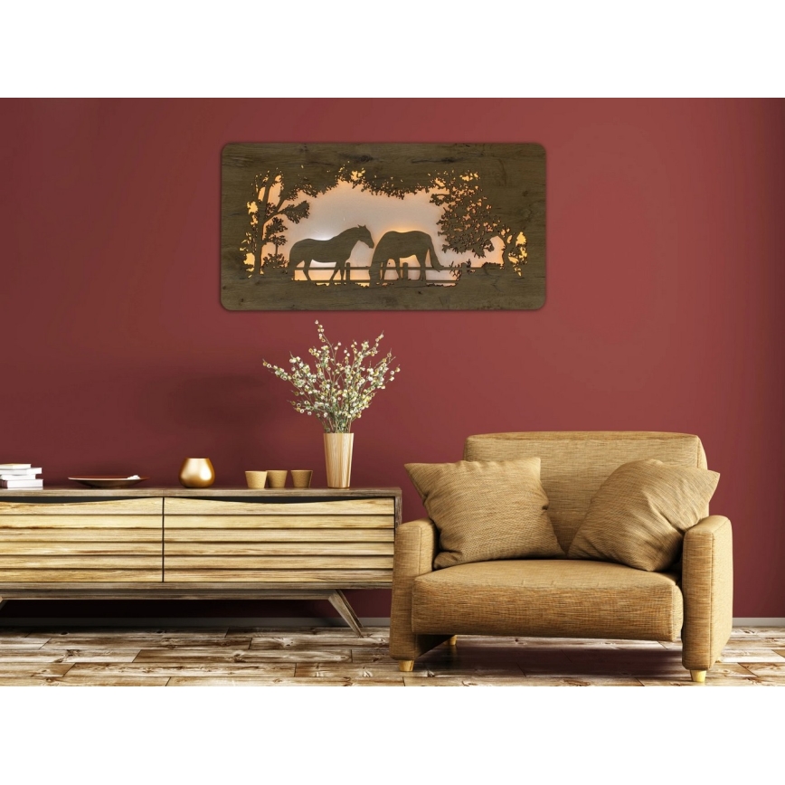 Li-Go 5012/B/4 - LED ściemnialna dekoracja ścienna LED/10W/5V 30000 mAh 120x60 cm dąb/Konie + pilot zdalnego sterowania