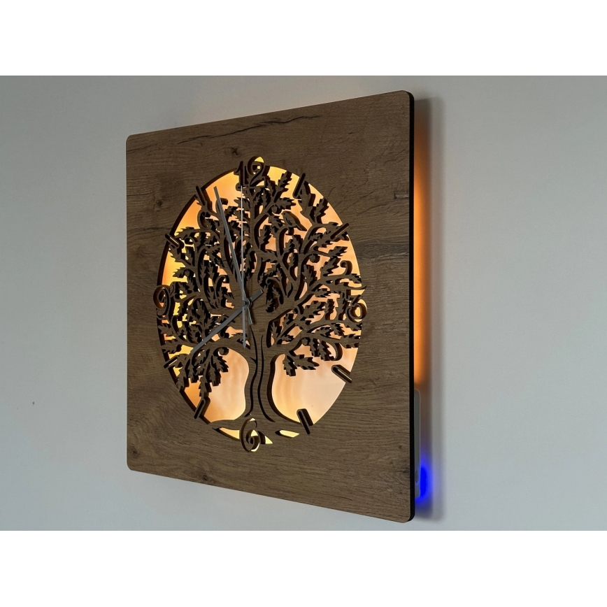 Li-Go 5652/DUB2 - Zegar LED ściemnialny LED/10W/5V 20000 mAh 42x42 cm dąb/Dąb w kole + pilot zdalnego sterowania