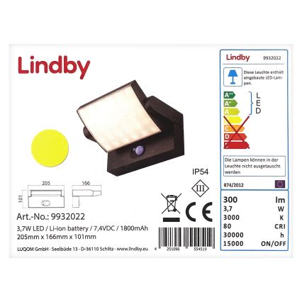 Lindby - LED Kinkiet solarny z czujnikiem SHERIN LED/3,7W/7,4V 1800 mAh IP54