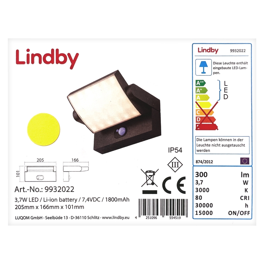 Lindby - LED Kinkiet solarny z czujnikiem SHERIN LED/3,7W/7,4V 1800 mAh IP54