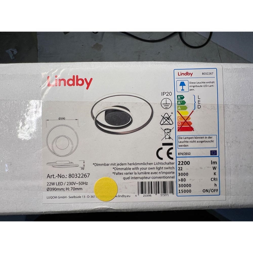 Lindby - LED Ściemnialny plafon KYRON LED/22W/230V