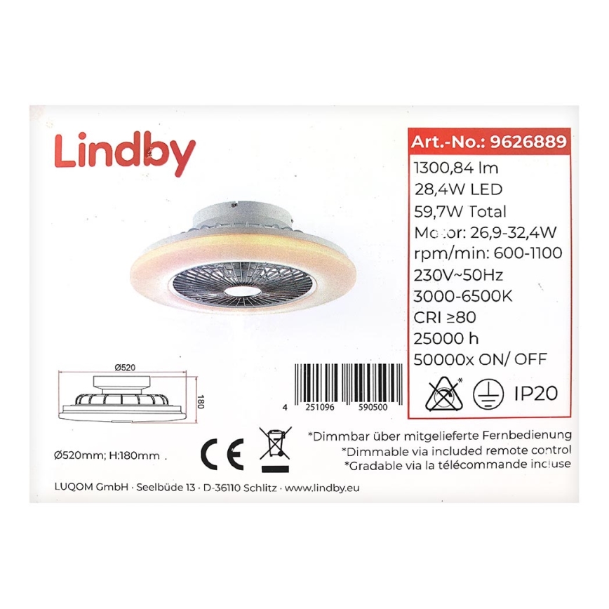 Lindby - LED Ściemnialny wentylator sufitowy YUNUS LED/28,4W/230V + pilot