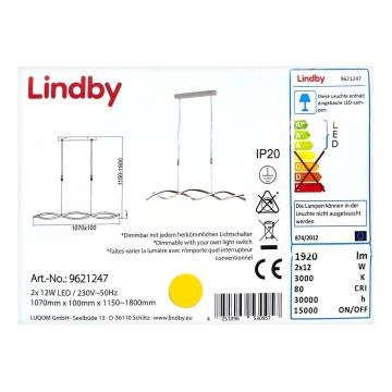 Lindby - LED Ściemnialny żyrandol na lince AURON 2xLED/12W/230V