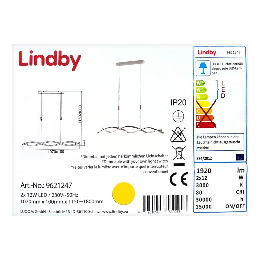 Lindby - LED Ściemnialny żyrandol na lince AURON 2xLED/12W/230V