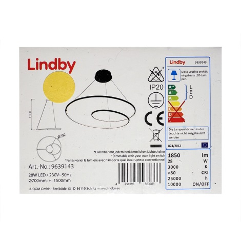 Lindby - LED Ściemnialny zyrandol na lince LUCY LED/28W/230V