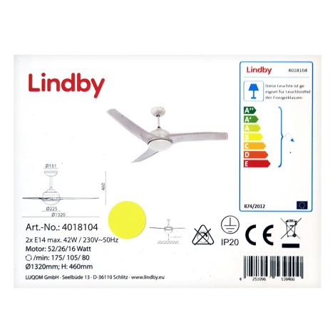 Lindby - Wentylator sufitowy EMANUEL 2xE14/42W/230V + pilot