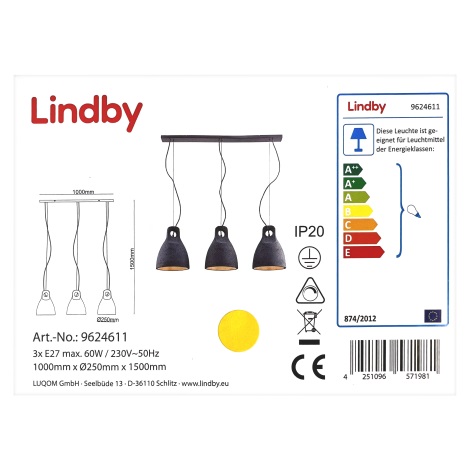 Lindby - Żyrandol na lince IBU 3xE27/60W/230V