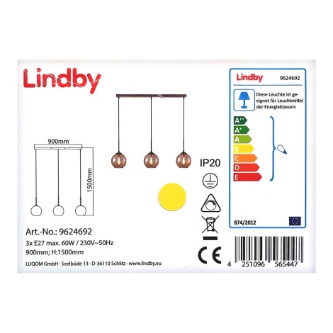 Lindby - Żyrandol na lince SOFIAN 3xE27/60W/230V