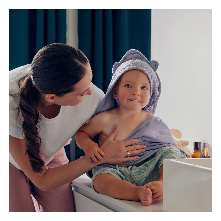 Lionelo - Dziecięcy ręcznik kąpielowy z kapturem MUSLIN HOODED TOWEL Grey Sky