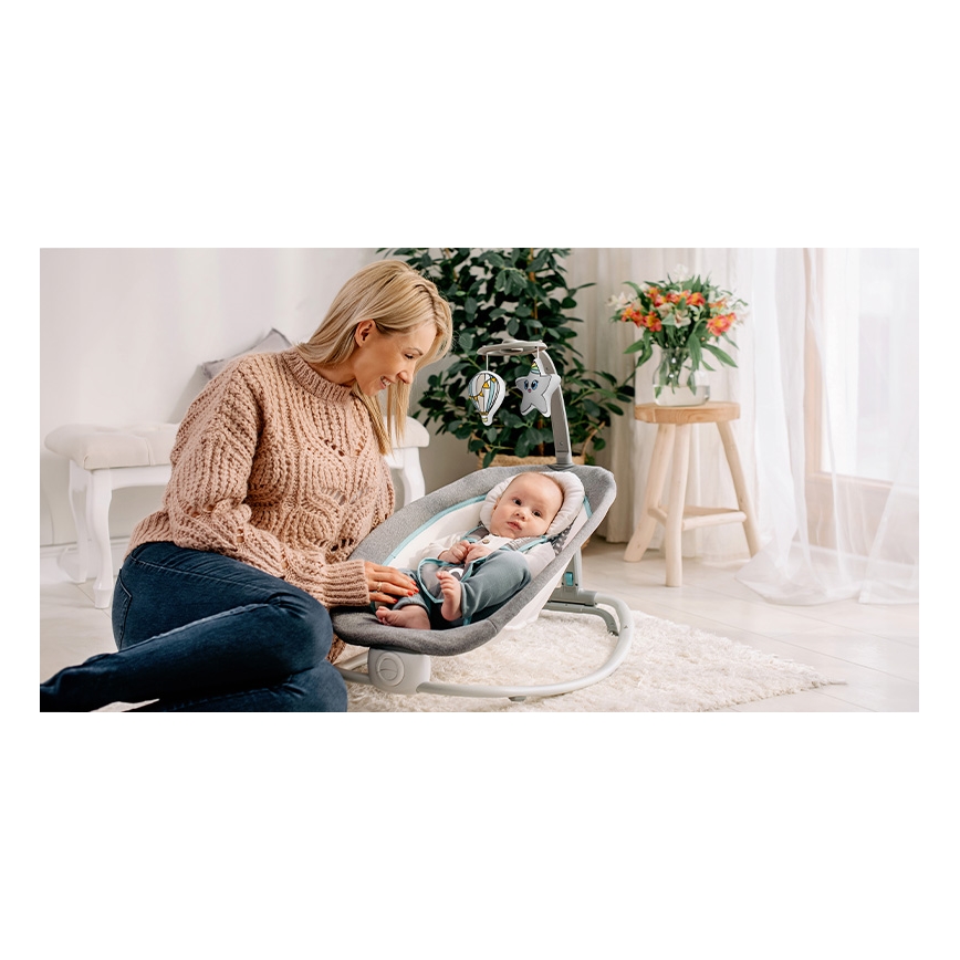 Lionelo - Dziecięcy wibrujący bujaczek z melodią PASCAL 2xAA szary/turkusowy