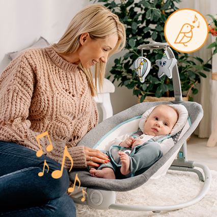 Lionelo - Dziecięcy wibrujący bujaczek z melodią PASCAL 2xAA szary/turkusowy