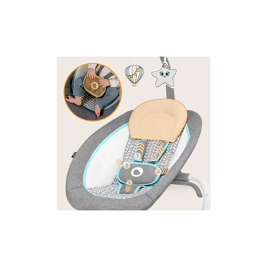 Lionelo - Dziecięcy wibrujący bujaczek z melodią PASCAL 2xAA szary/turkusowy