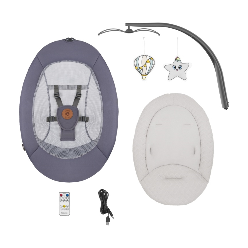 Lionelo - Huśtawka dla dzieci z melodią RALF 4xAA Grey Graphite + pilot zdalnego sterowania